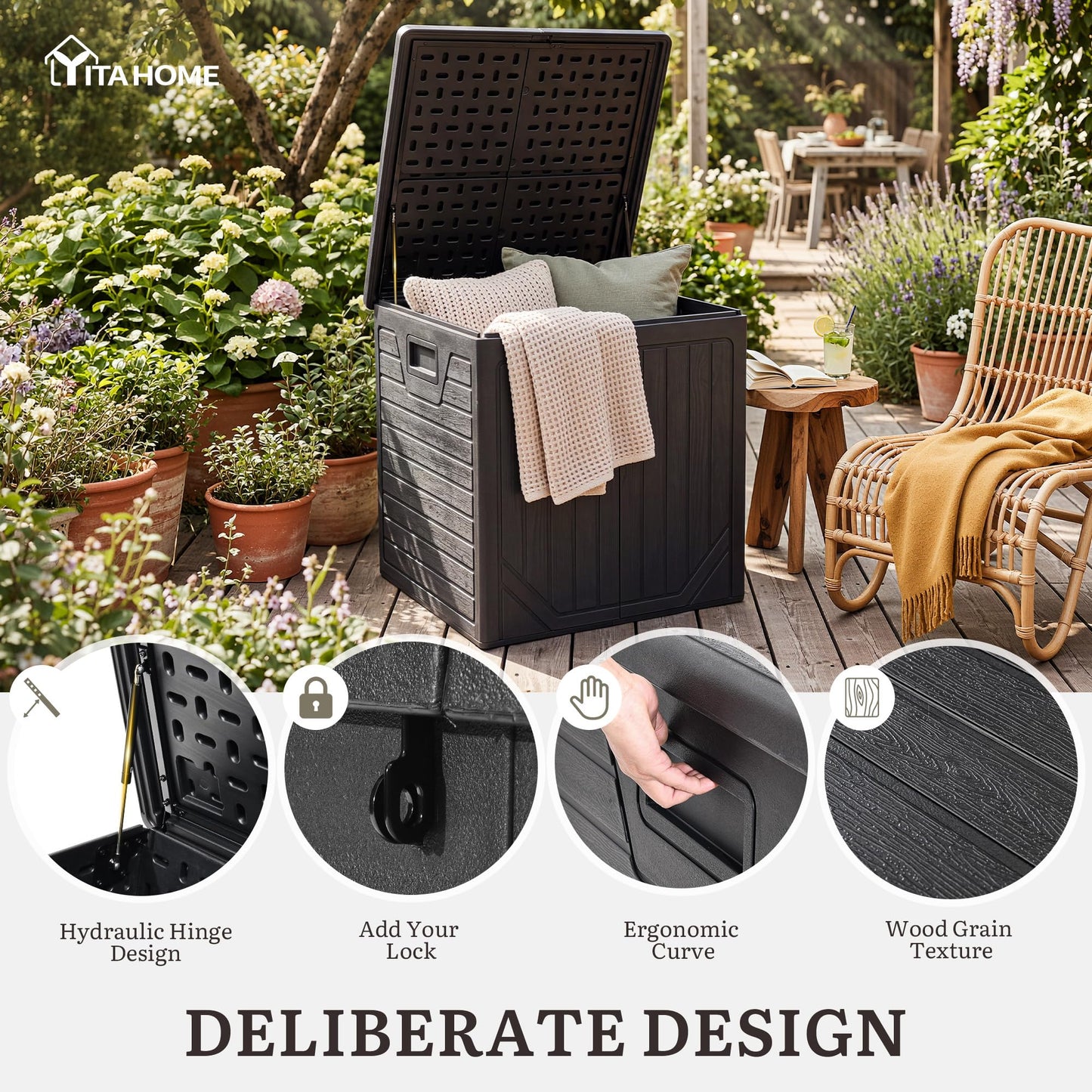 YITAHOME 150 Gallon Large Outdoor Deck Box, Lockable Resin Double-Wall Storage Box and Waterproof Patio Furniture Bin for Garden Tools & Pool Accessories, Black