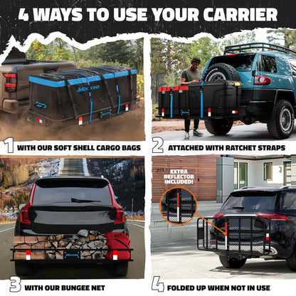 Mockins 60"x20"x6" Heavy Duty Trailer Hitch Cargo Carrier w/ 16 Cu Ft Waterproof Cargo Bag & 4 Packing Cubes | 500 Lbs. Capacity Folding Luggage Rack for SUV Car Truck & RV w/Hitch Basket Accessories