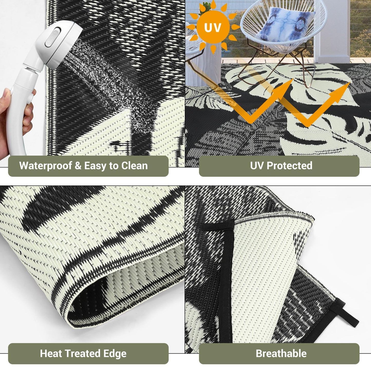 MilleLoom Waterproof Plastic Straw Outdoor Rug 9x18 Patio Reversible UV Resistant Foldable Camping Carpet Modern Leaf Print Large Outdoor Rugs for Deck, Porch, Camper, Balcony, Beach，Black/Beige