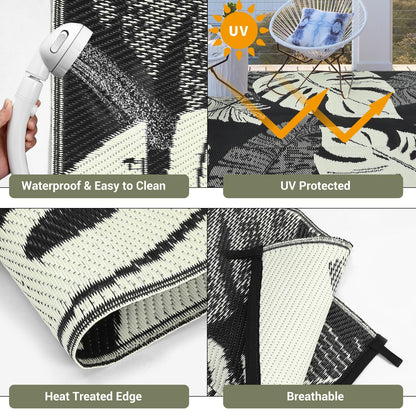 MilleLoom Waterproof Plastic Straw Outdoor Rug 9x18 Patio Reversible UV Resistant Foldable Camping Carpet Modern Leaf Print Large Outdoor Rugs for Deck, Porch, Camper, Balcony, Beach，Black/Beige