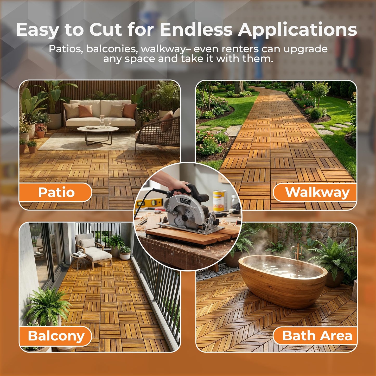 Majestick Goods Interlocking Slat Deck Tiles, Acacia Wood Interlocking Deck Tiles - Easy Installation for Patio Flooring & Walkways with Raised Base Drainage, 12 x 12 x 0.9 Inch (24 Count)