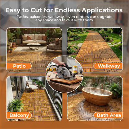 Majestick Goods Interlocking Slat Deck Tiles, Acacia Wood Interlocking Deck Tiles - Easy Installation for Patio Flooring & Walkways with Raised Base Drainage, 12 x 12 x 0.9 Inch (24 Count)