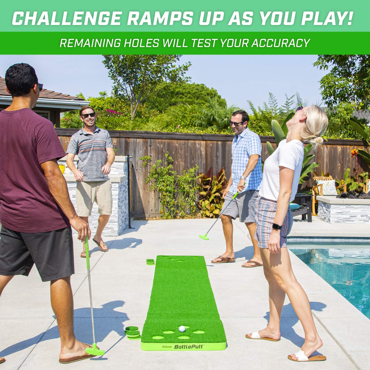 GoSports BattlePutt Golf Putting Game Set - 11 ft Backyard Putting Green Pong Style Golf Mat with 2 Putters, 2 Balls and 12 Hole Covers - Great Golfer Gift