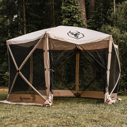 Gazelle Tents™, G6 6-Sided Portable Gazebo, Easy Pop-Up Hub Screen Tent, Durable, TriTech Mesh, Waterproof, UV Resistant, 8-Person & Table, Desert Sand, 86" x 124" x 124", GG602DS