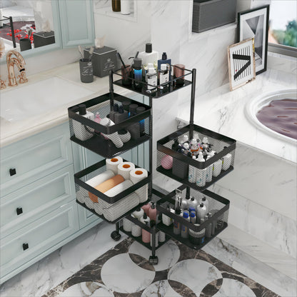 xinyourui Fruit and Vegetable Basket for Kitchen No Assembly， Rotating Storage Rack,Bathroom Storage Shelf, Kitchen Organizers and Storage Cart on Rolling Wheels(Black, 5 Tier-Square)