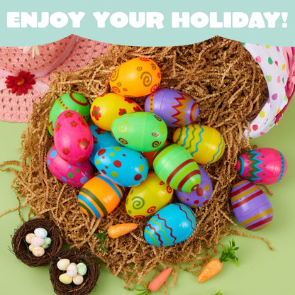 JOYIN Toy 18 PCs Plastic Printed Bright Easter Eggs, Over 3.15'' Tall Fillable Empty Eggs Bulks for Easter Hunt, Basket Stuffers Fillers, Classroom Prize Supplies, Filling Treats and Party Favor