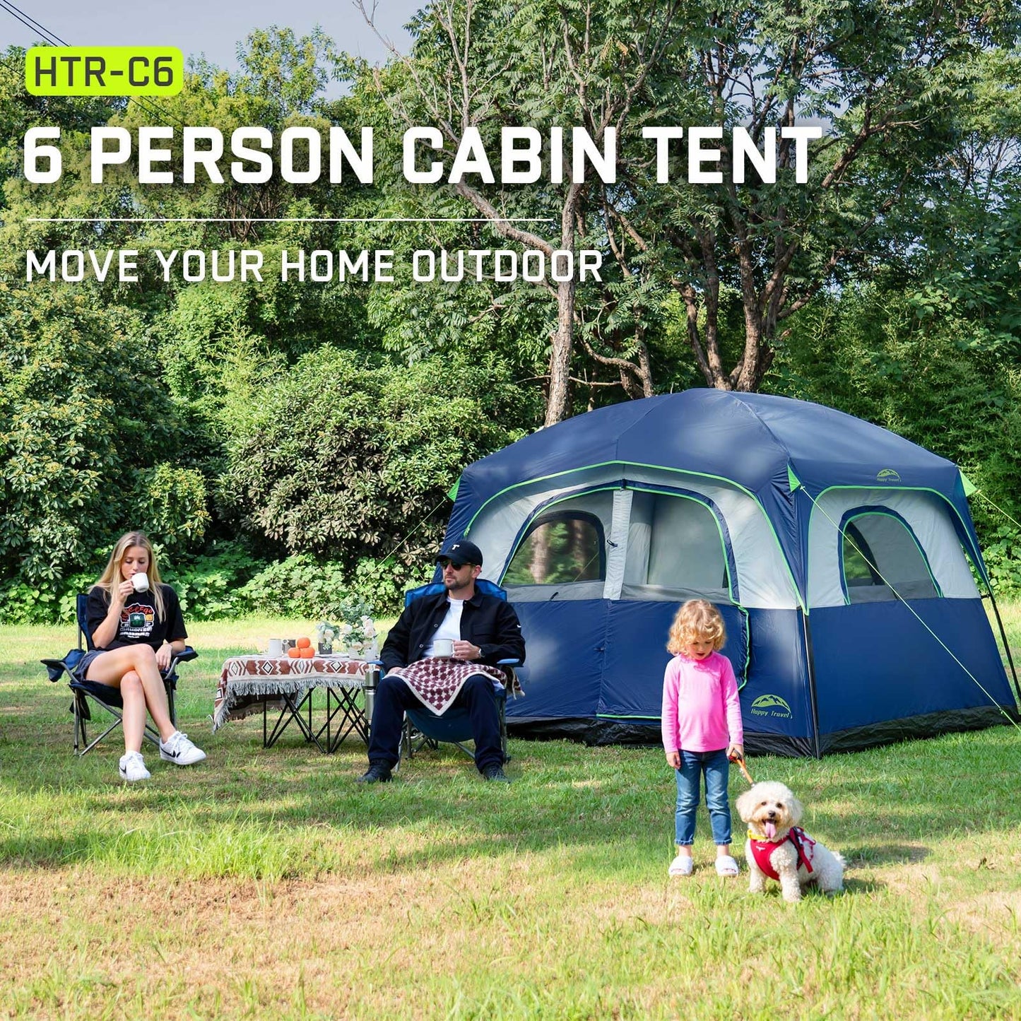 Happy Travel Tent 6 Person Tents for Camping, Waterproof Easy Setup Camping Tent with Rainfly, Portable Large Family Cabin Tent with 5 Large Mesh Windows and Carry Bag for Outdoor Camping & Hiking