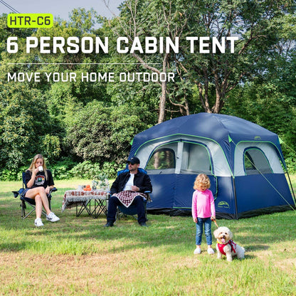Happy Travel Tent 6 Person Tents for Camping, Waterproof Easy Setup Camping Tent with Rainfly, Portable Large Family Cabin Tent with 5 Large Mesh Windows and Carry Bag for Outdoor Camping & Hiking