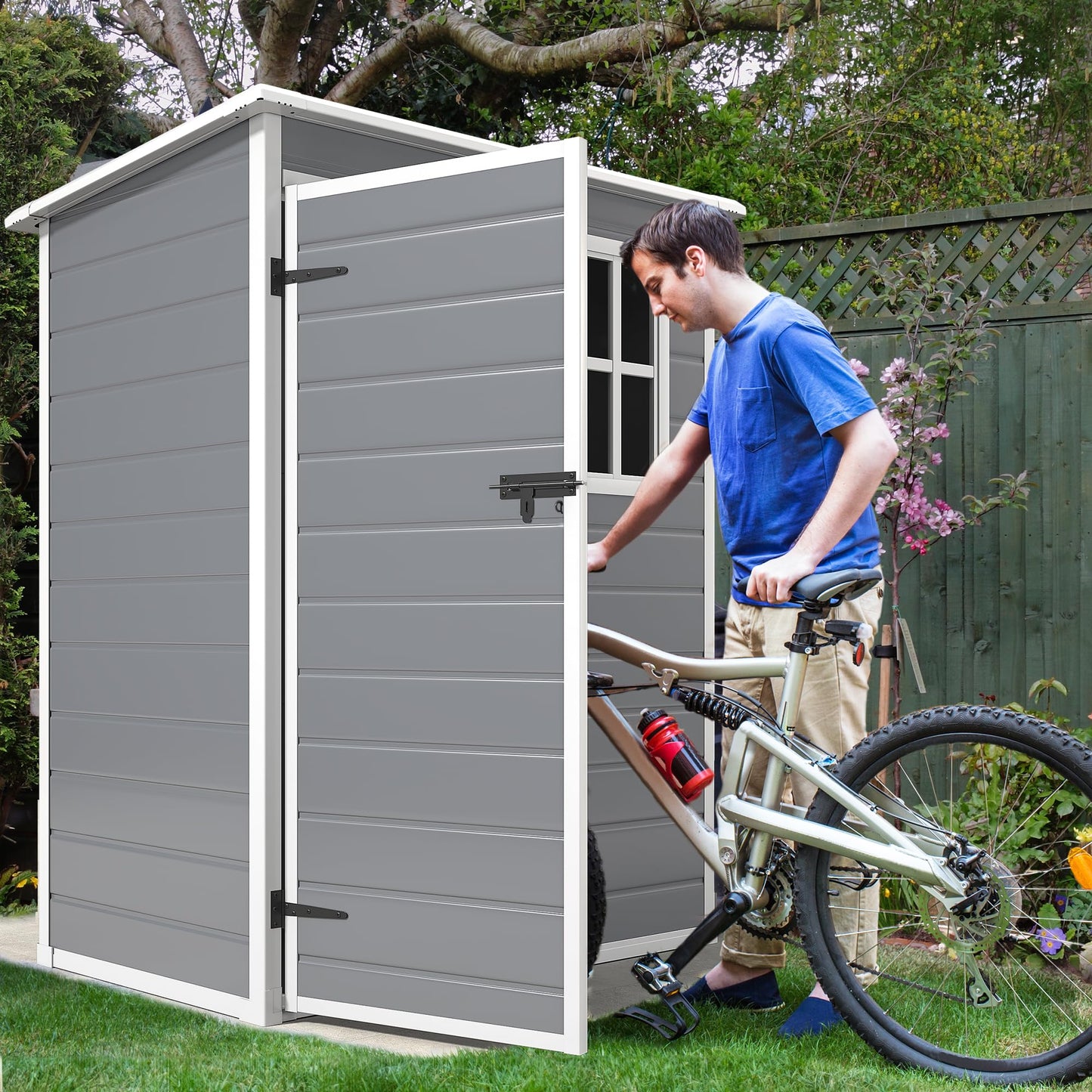 DWVO 5x3ft Resin Outdoor Storage Shed with Floor, Waterproof Lockable Storage Shed with Window, Plastic Outside Tool Storage for Garden, Backyard, Patio, Lawn,Gray