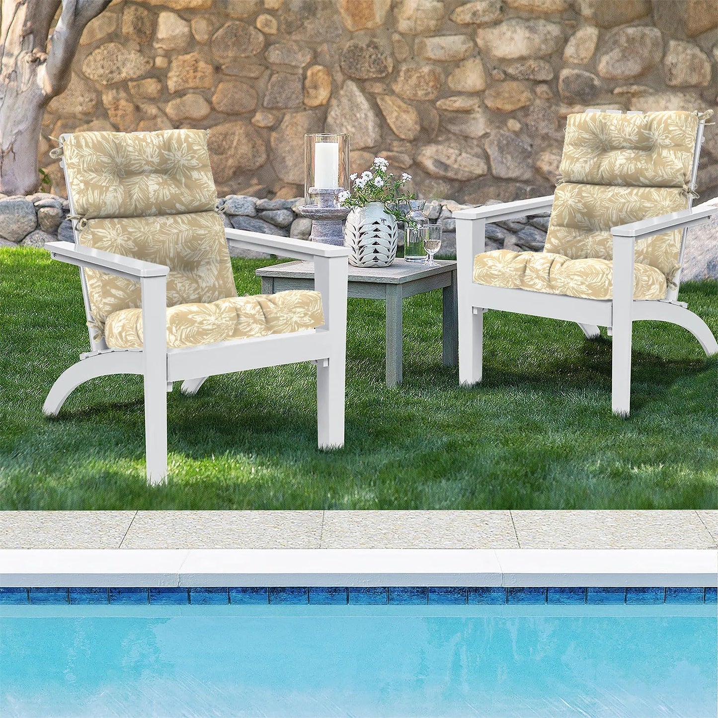 DYTXIII Outdoor High Back Chair Cushions Set of 2, Water Repellent Tufted Rocking Seat Cushions Replacement 44 x 22 Inch, Seat & Back Chair Pads for Patio, Balcony and Indoor Use -Tropical Leaf Oat