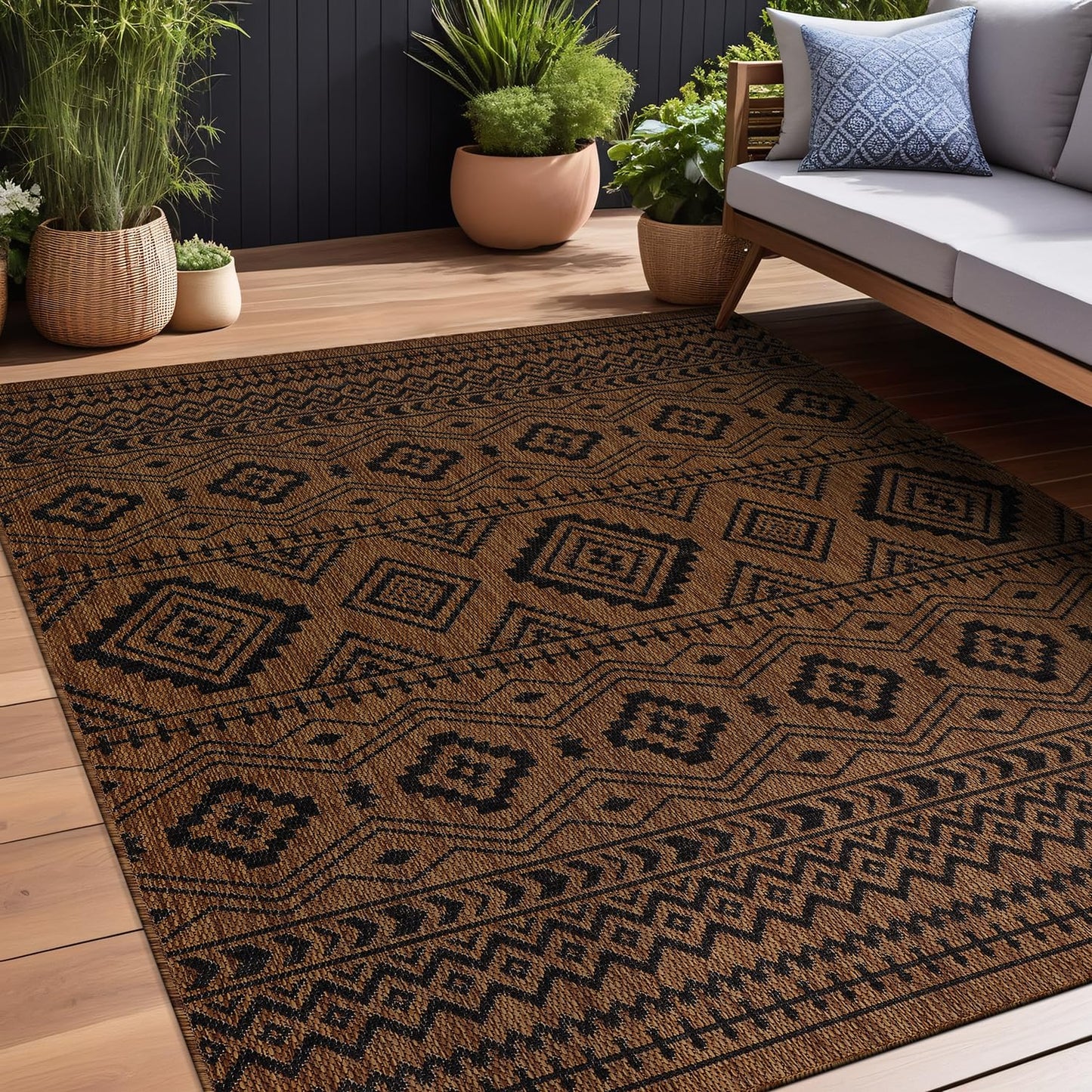 Beverly Rug Waikiki Boho Indoor Outdoor Rug 9x12, Washable Outside Carpet for Patio, Deck, Porch, Bohemian Area Rug, Farmhouse Rugs, Aztec Tribal Rug, Nut Brown and Black