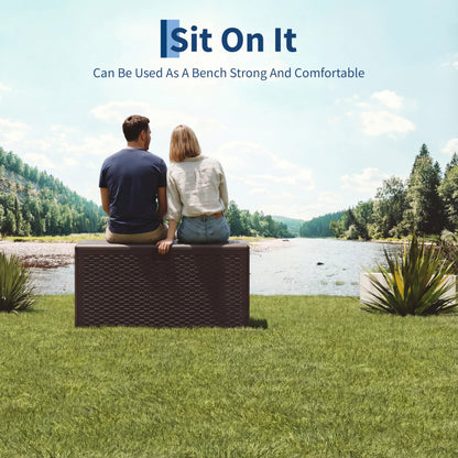 99 Gallon Outdoor Deck Box, HDPE Resin Patio Storage Bench with Lockable Hydraulic Lid, Weatherproof UV-Resistant Storage Chest for Tools, Pool Toys, Cushions,Large Capacity, Brown Wicker Style