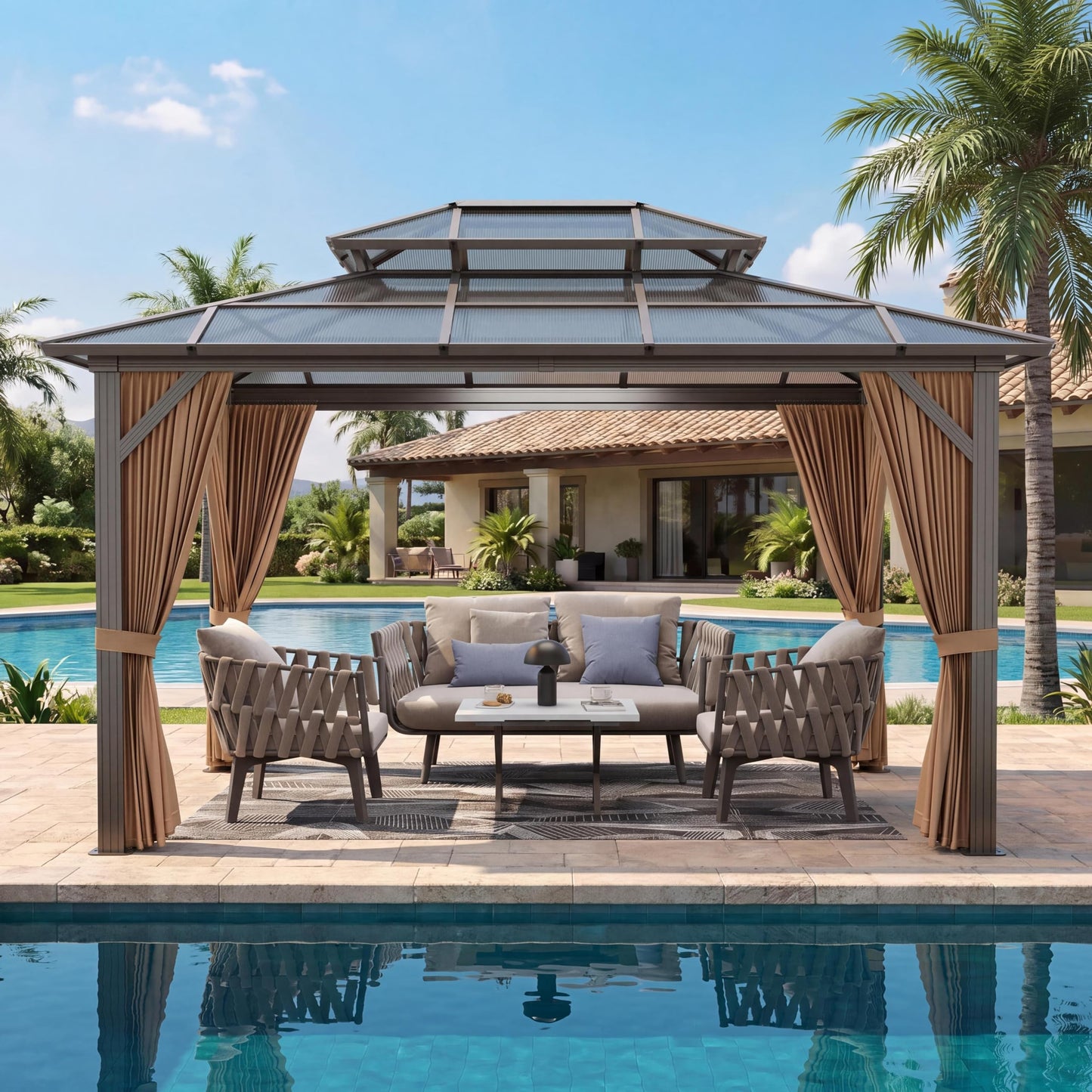 GAOMON 10'x12' Hardtop Gazebo, Outdoor Polycarbonate Double Roof Canopy, Aluminum Frame Permanent Pavilion with Curtains and Netting, Sunshade for Garden, Patio, Lawns