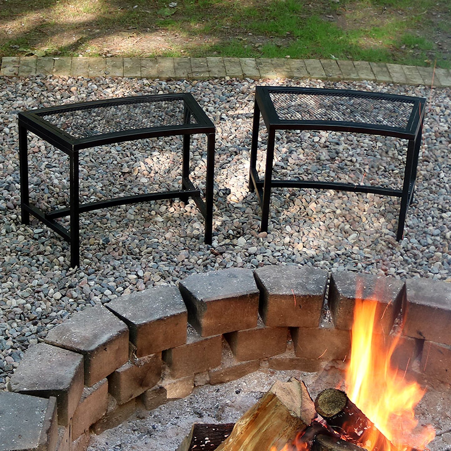 Sunnydaze Mesh Outdoor Curved Bench - Metal Patio Bench Set - Heavy-Duty Outdoor Seats for Backyard or Fire Pit - Black - Set of 2