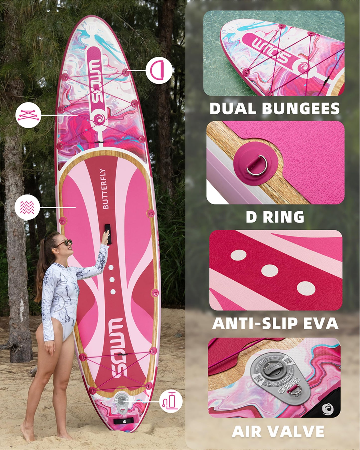 SOWM Inflatable Paddle Boards 11'x33'' with Sup Accessories, Stand Up SUP Paddle Board Inflatable for Adults Youth, Extre Wide & Non-Slip Sup for All Skill Levels Pink