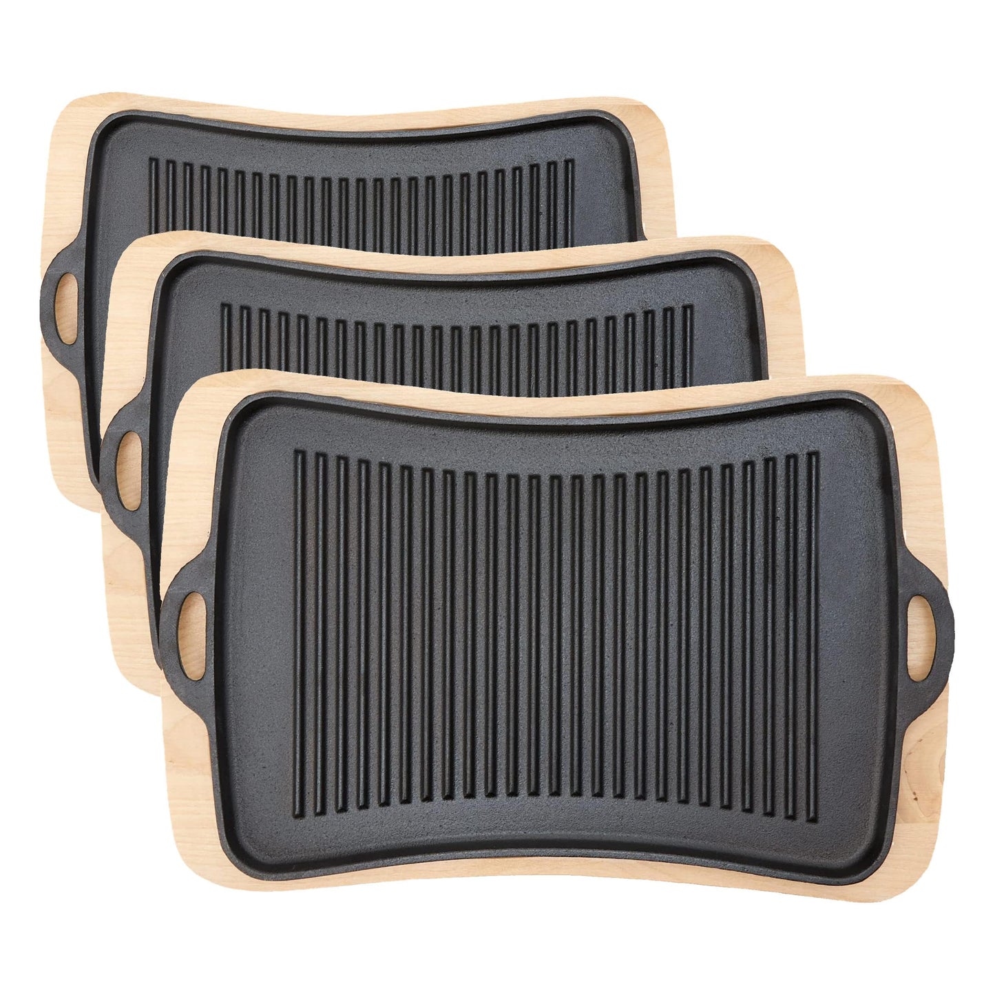 Jim Beam Cast Iron Fajita Pan with Wooden Trivet, Pre-Seasoned Ideal for Barbecuing and Camping, Large, Black,JB0206 (Pack of 3)