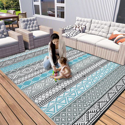 GarveeHome Outdoor Rug for Patio Clearance,10x14 Waterproof Large Mat, Reversible Plastic Camping Rugs, Outside Rug for Rv, Porch, Deck, Camper, Balcony, Backyard, Blue/Grey