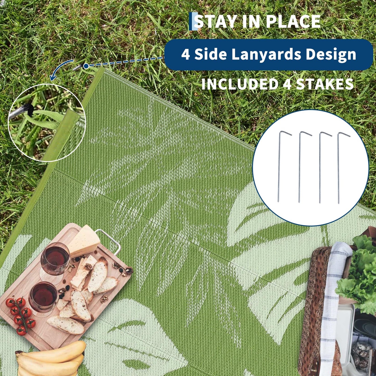Garvee 9x18 Outdoor Rug Waterproof Reversible Mat Leaf Tropical Patio Rug with 4 Stakes and Starage Bag Portable Outdoor Straw Plastic Area Rug for Camping Porch Deck Rv Balcony Backyard Beach, Sage