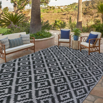 SAND MINE Waterproof Outdoor Rug 10x20 ft, Plastic Reversible Rug, Modern Area Rug, Large Floor Mat for Outdoors, RV, Patio, Backyard, Deck, Picnic, Beach, Camping, Black & Grey