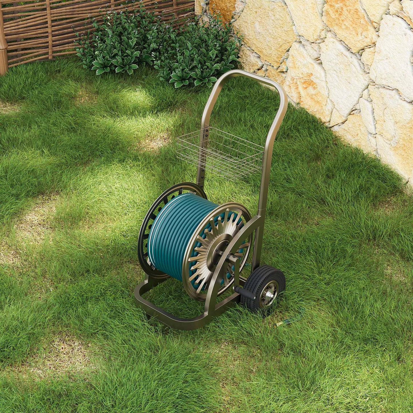 GOFORWILD Heavy Duty Steel Garden Hose Reel Cart with Wheels - Holds 200ft of 5/8 Hose, Storage Basket & Anti-Tip Design - Mobile Water Reel for Lawn, Yard, Garden