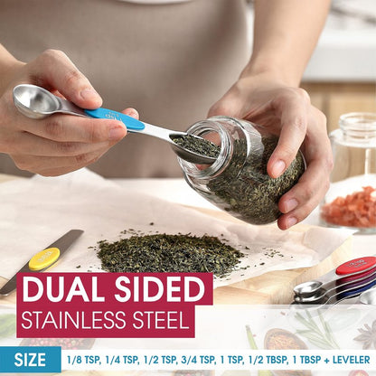 Spring Chef Stainless Steel Magnetic Measuring Spoons Set with Strong Magnets, Heavy Duty Metal Kitchen Essentials - Fits in Most Kitchen Spice Jars, Multicolor, Set of 8 with Leveler