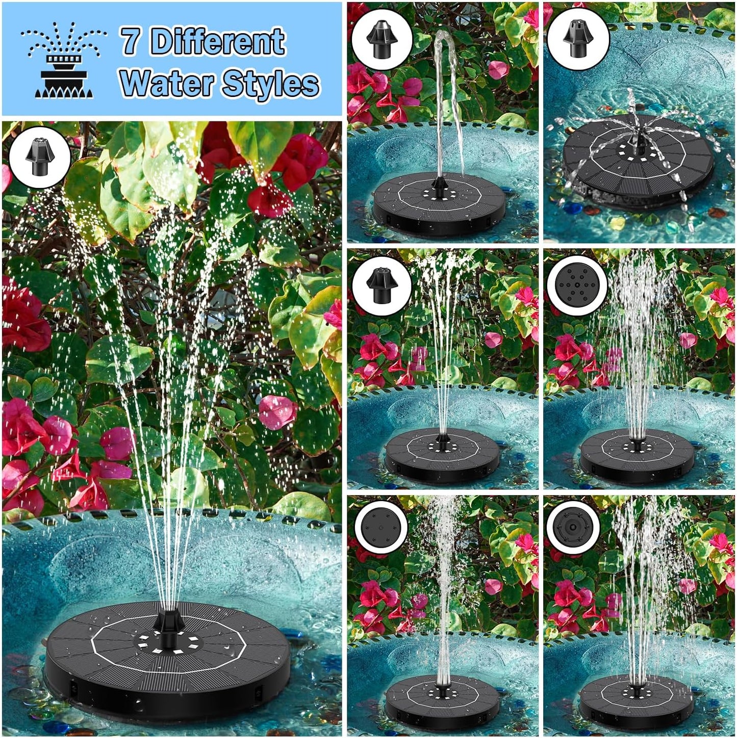SZMP Solar Water Fountain - 2026 Upgrade 3.5W Bird Bath Pump with Color LED Lights & 7 Nozzles | Perfect for Garden, Patio, Pond, Pool
