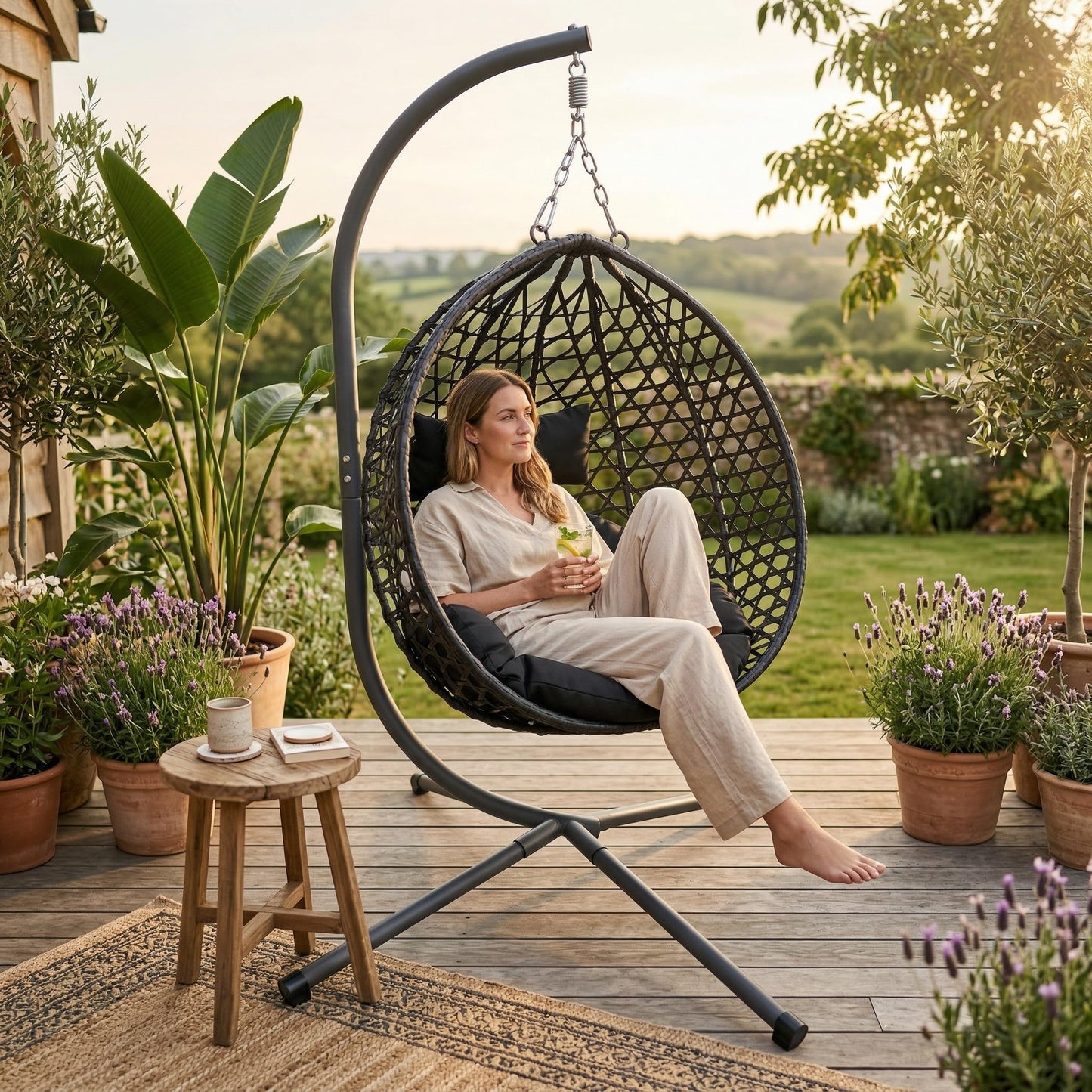 KEIKI Hanging Egg Chair with Stand, Patio Hammock Swing Chair with Cushion, Patio Swing Basket Chair for Balcony, Backyard, Garden, Black