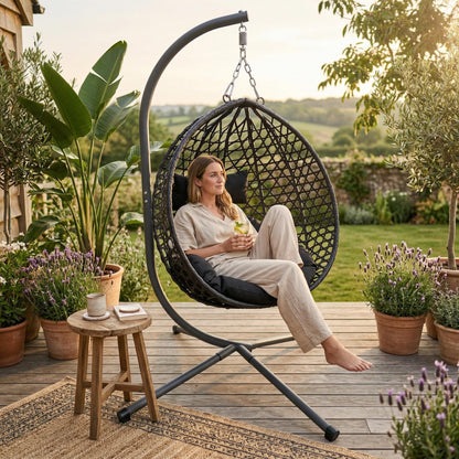 KEIKI Hanging Egg Chair with Stand, Patio Hammock Swing Chair with Cushion, Patio Swing Basket Chair for Balcony, Backyard, Garden, Black