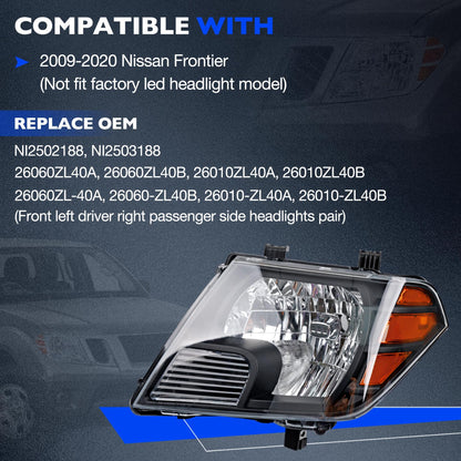 Headlights Assembly Pair Compatible with 2009-2020 Nissan Frontier S SL SV SE LE XE PRO-4X Desert Runner, Replace 26060ZL40A 26060ZL40B 26010ZL40A 26010ZL40B, Turn Signal Lamps W/Bulbs
