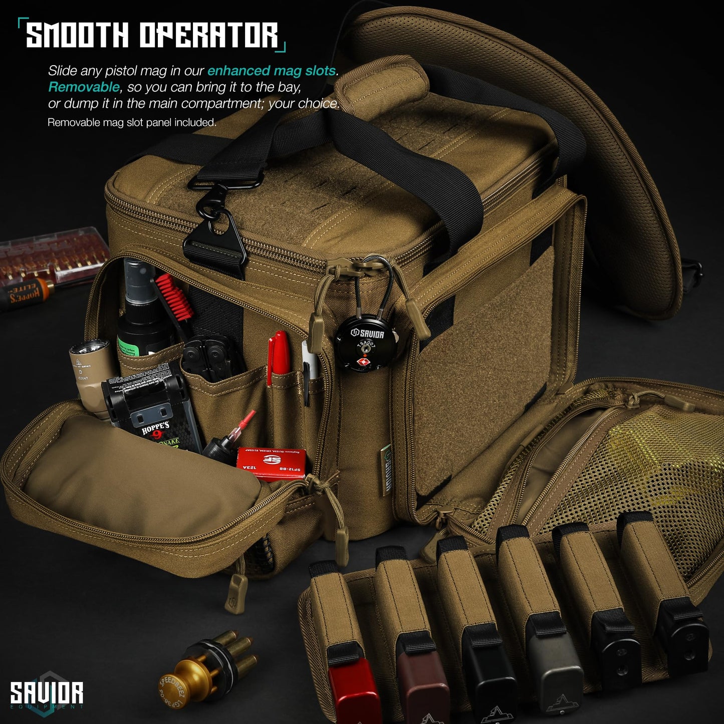 Savior Equipment Specialist Series Tactical Triple Pistol Shooting Range Hunting Duffle Bag Gun Carrying Case, Rigid Compartment Frame, Lockable Zippers (Dark FDE, 18" x 9" x 12" Range Bag)