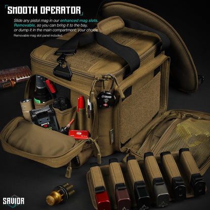 Savior Equipment Specialist Series Tactical Triple Pistol Shooting Range Hunting Duffle Bag Gun Carrying Case, Rigid Compartment Frame, Lockable Zippers (Dark FDE, 18" x 9" x 12" Range Bag)