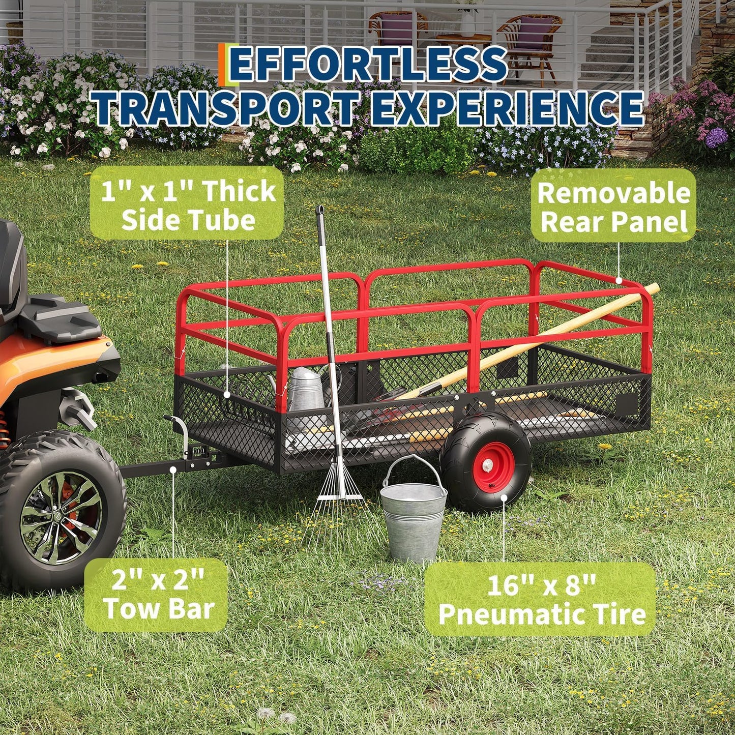 22 Cu.Ft 1600Lbs Steel ATV UTV Trailer, Tow Behind Dump Cart, Heavy Duty Pull Behind with Removable Sides & All Terrain Tires, Pull Behind Utility Dump Trailer for, Garden, Lawn Mower Tractor