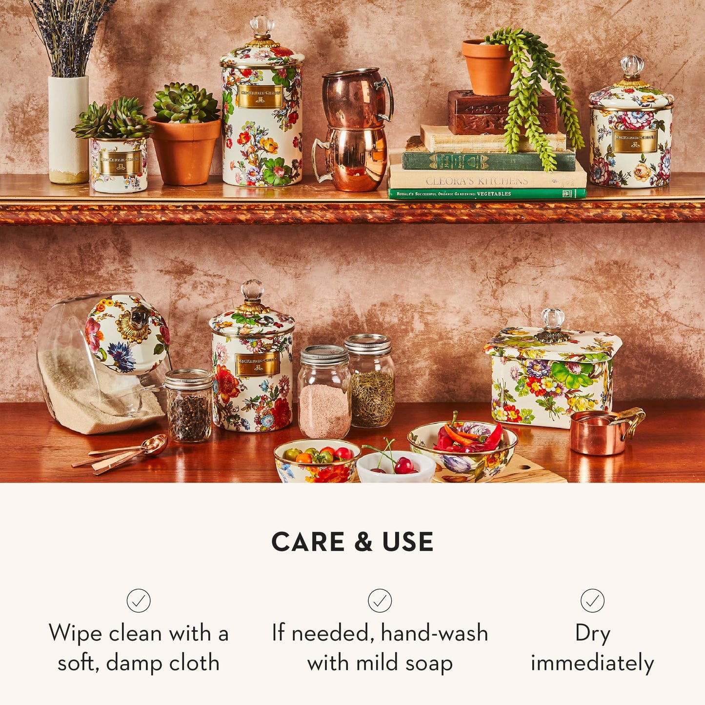 MACKENZIE-CHILDS Enamel Canisters, Versatile Kitchen Storage Containers, Small (38 oz.), Medium (48 oz.), and Large (64 oz.), Set of 3, White Flower Market