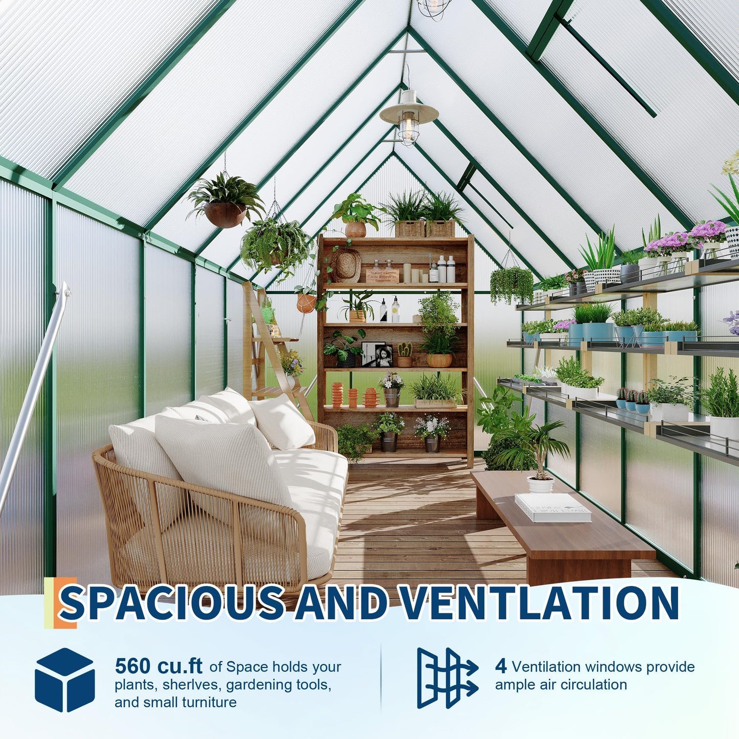 Heavy-Duty 6x11 FT Polycarbonate Greenhouse Kit for Outdoors, All-Weather Walk-in Plant Shelter with Swing Doors, Roof Vent, UV Panels, Fast Setup, Secure, Spacious Gardening