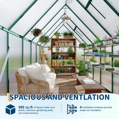 Heavy-Duty 6x11 FT Polycarbonate Greenhouse Kit for Outdoors, All-Weather Walk-in Plant Shelter with Swing Doors, Roof Vent, UV Panels, Fast Setup, Secure, Spacious Gardening