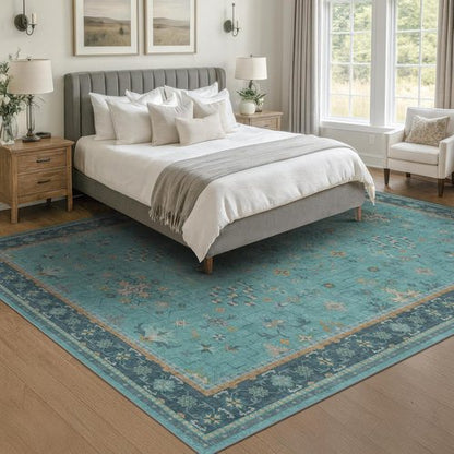 Boho 9x12 Large Teal Green Washable Rug - Vibrant Turquoise Carpet for Living Room, Bedroom & Dining Room