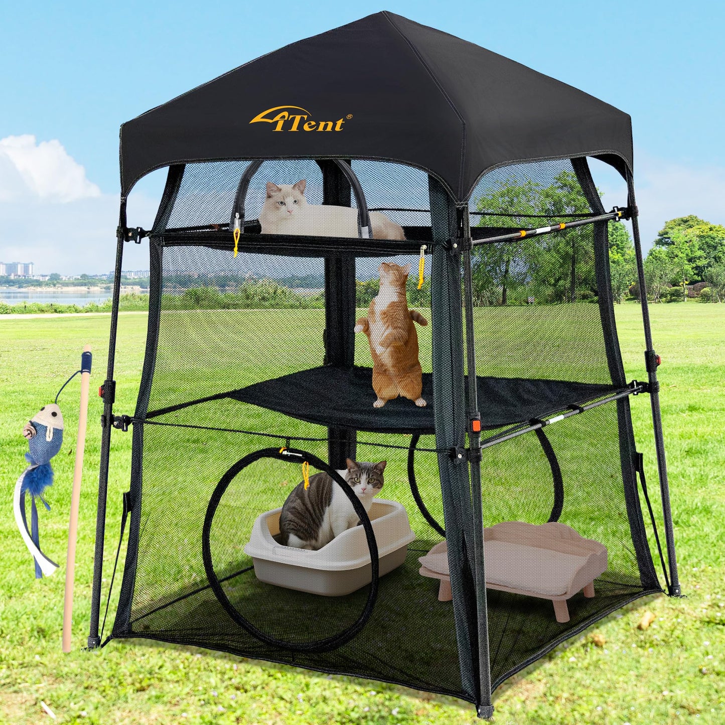 Automatic Pop-Up Cat Enclosure|3-Tier Cat Tent|Cage|Outdoor Catio with Patent,Breathable Portable & Foldable, Stable Structure for Indoor/Outdoor, Free Teaser Wand,Friendly Connectable playpen-Black