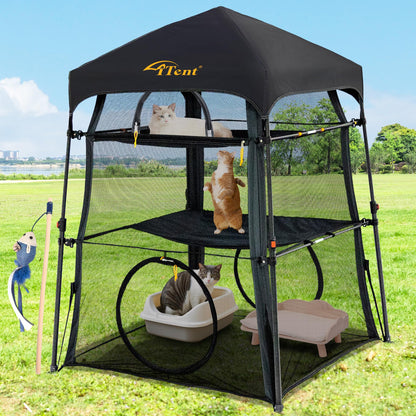 Automatic Pop-Up Cat Enclosure|3-Tier Cat Tent|Cage|Outdoor Catio with Patent,Breathable Portable & Foldable, Stable Structure for Indoor/Outdoor, Free Teaser Wand,Friendly Connectable playpen-Black