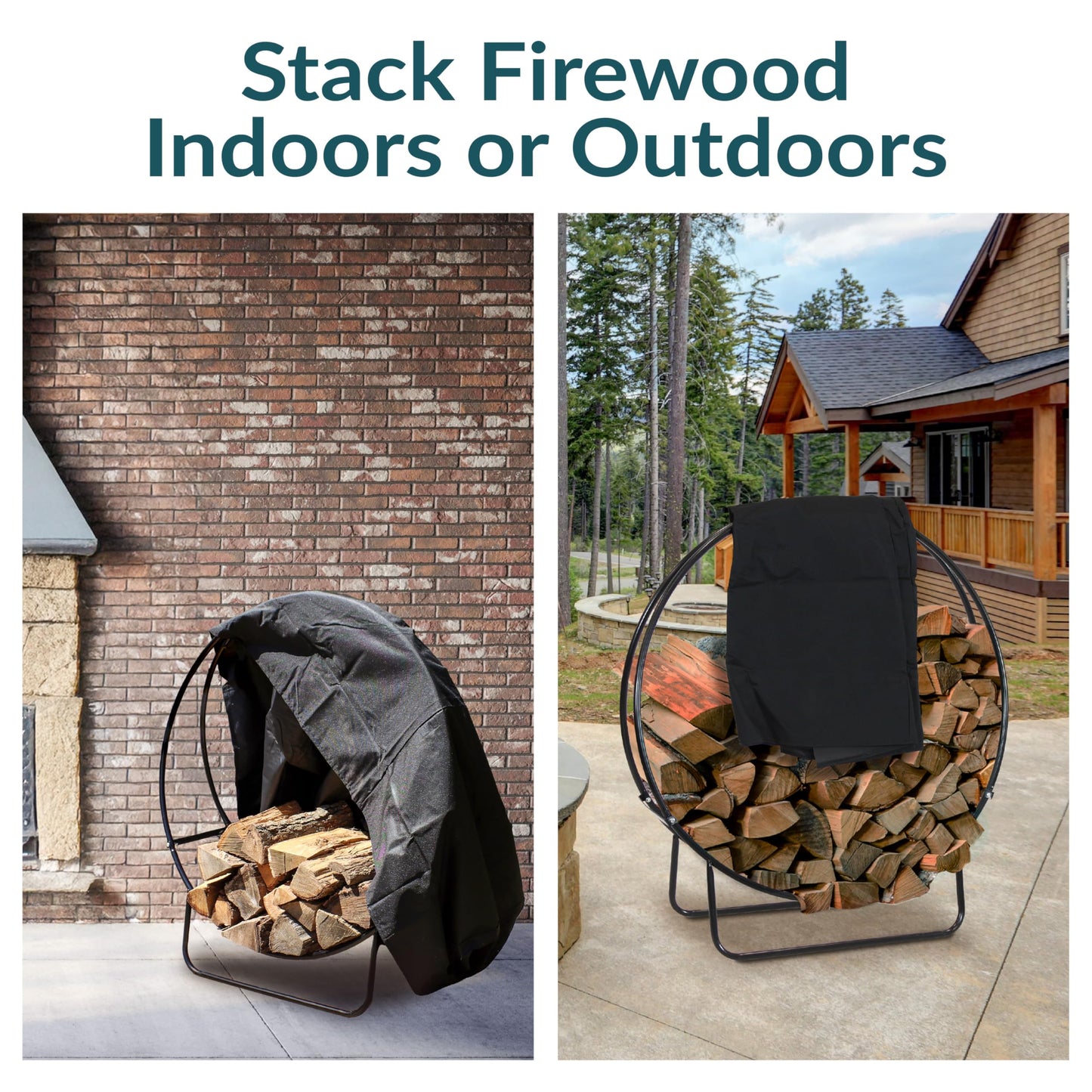 Sunnydaze 48-Inch Firewood Rack with Cover - Black Indoor Firewood Holder - Log Holder Hoop and Cover Set - 700-lb Capacity