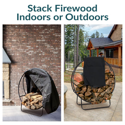 Sunnydaze 48-Inch Firewood Rack with Cover - Black Indoor Firewood Holder - Log Holder Hoop and Cover Set - 700-lb Capacity