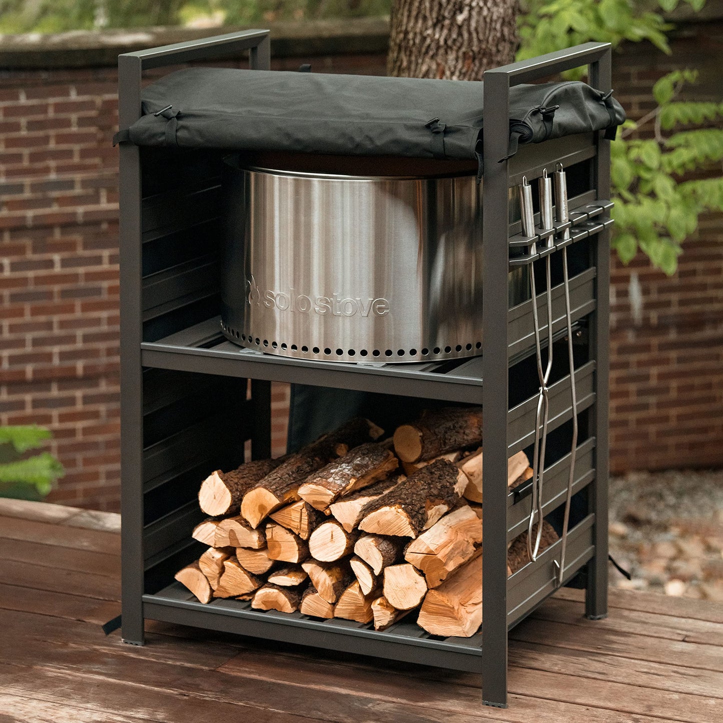 Solo Stove Station – 4.4ft Black Aluminum Firewood Rack with UV-Coated Cover, Two-Shelf Outdoor Storage for Fire Pit Logs, Tools & Accessories