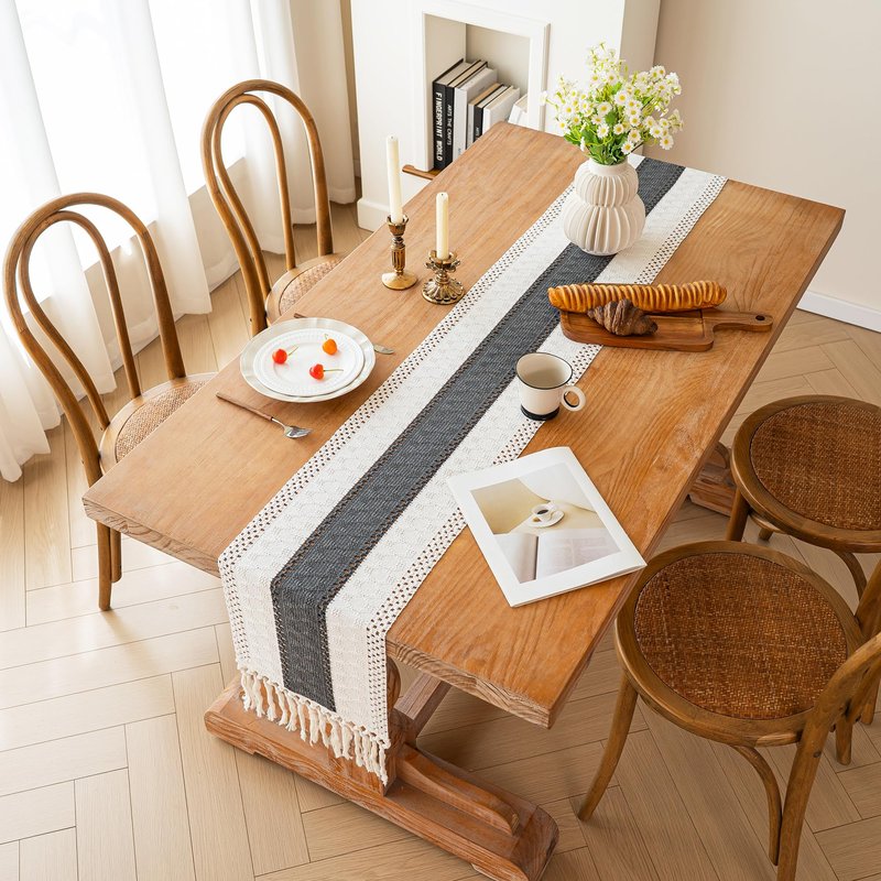 FEXIA Boho Table Runner for Home Decor with Tassels 108 Inches Long,Grey Farmhouse Rustic Table Runner Macrame Burlap Table Decoration for Living Room Bridal Shower(12x108 Inches)