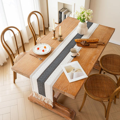 FEXIA Boho Table Runner for Home Decor with Tassels 108 Inches Long,Grey Farmhouse Rustic Table Runner Macrame Burlap Table Decoration for Living Room Bridal Shower(12x108 Inches)