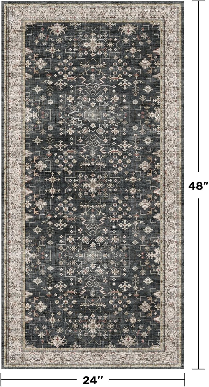 Skiennix Entryway Runner Rug - Non-Slip, Washable, Stain Resistant | Vintage Ashen Charcoal Floral Design (2x4 ft)