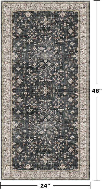 Skiennix Entryway Runner Rug - Non-Slip, Washable, Stain Resistant | Vintage Ashen Charcoal Floral Design (2x4 ft)