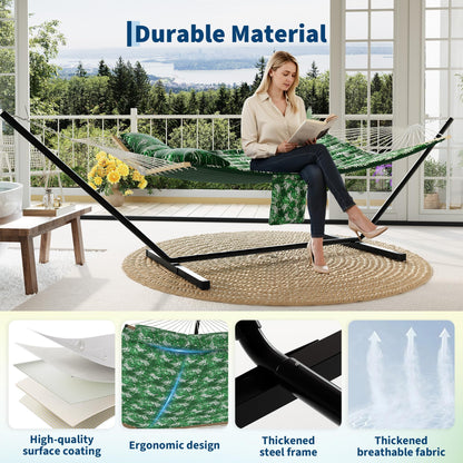 Double Hammock with Stand for Outdoor Use – 2-Person Portable Hammock with Curved Spreader Bar & Balance Ropes, Heavy Duty 450 LBS Capacity for Backyard, Patio & Camping, Green