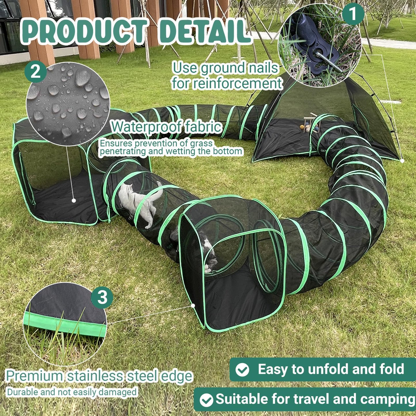 Pawtenda 6-in-1 Cat Tents for Outside, Portable Outdoor Cat Enclosures for Indoor Cats, Pet Play Cage with Tunnels for Outside, Outdoor Catio, Pet Playpen Including 3 Tents and 3 Tunnels
