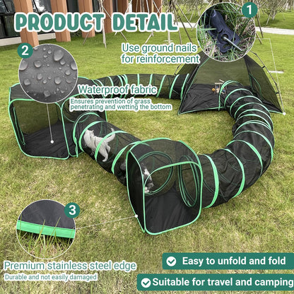 Pawtenda 6-in-1 Cat Tents for Outside, Portable Outdoor Cat Enclosures for Indoor Cats, Pet Play Cage with Tunnels for Outside, Outdoor Catio, Pet Playpen Including 3 Tents and 3 Tunnels