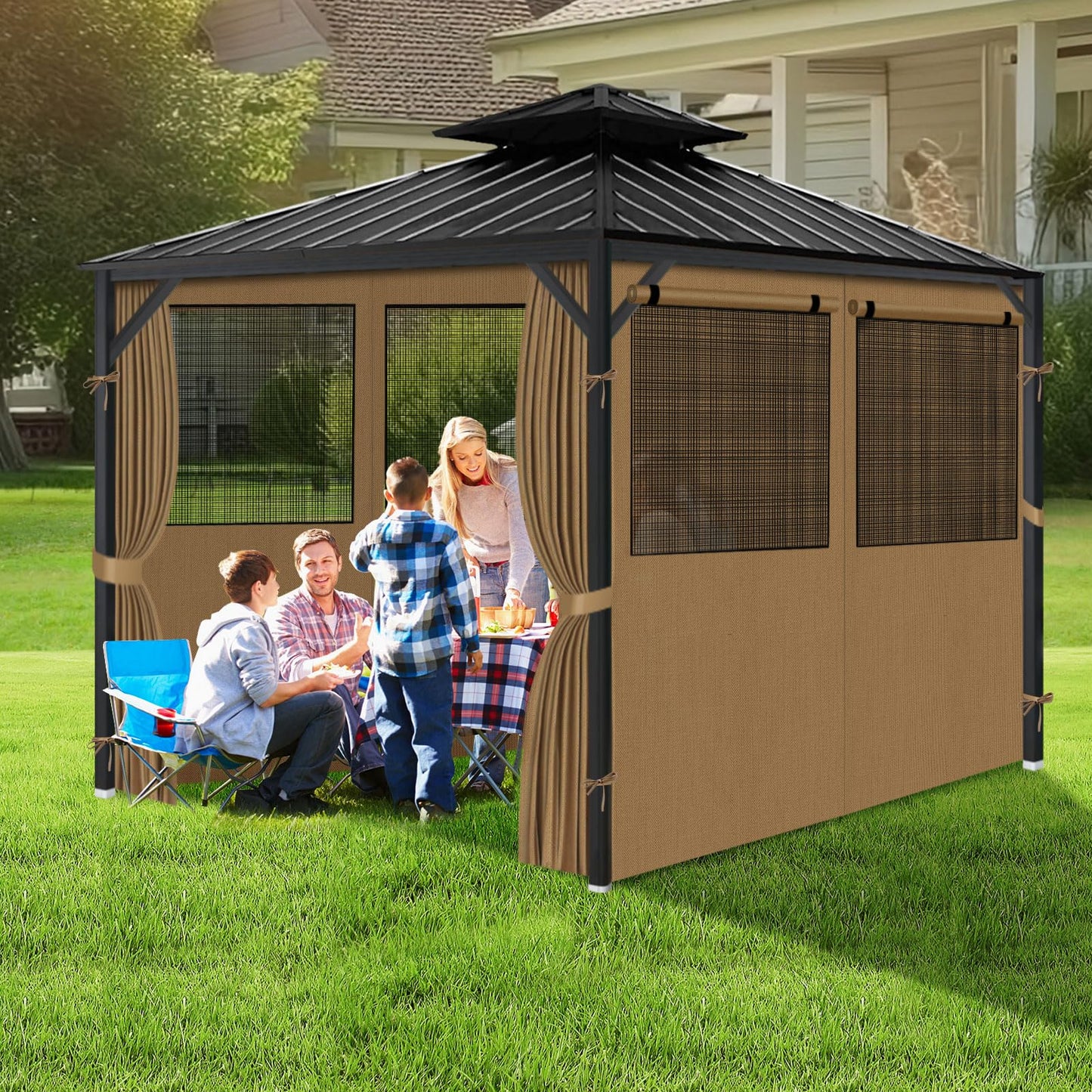 Gazebo Privacy Curtain 10'x10', Replacement Curtains with Mosquito Net Windows, 4-Panels Side Wall, Zippers, Waterproof Outdoor Curtains for Patio, Canopy, Garden and Backyard, Khaki (Curtain Only)