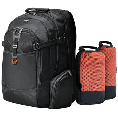 EVERKI Business Laptop Backpack for Men & Women + Compressible Packing Cube Set (S & M), 40L Capacity, Extra Large Laptop Compartment, 180 Degree Fold-Out Design, Work & Gaming Laptop Bag w Rain Cover